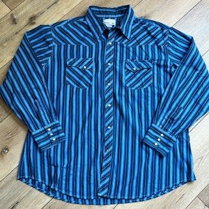 VTG Wrangler Western Shirt Mens 2XL? Blue Striped Pearl Snap Wrancher Co…